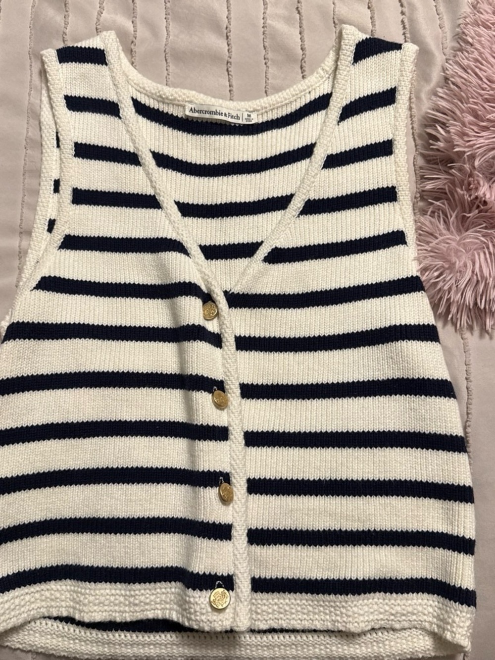 Abercrombie & Fitch White and Navy Striped Knit Button Tank Top